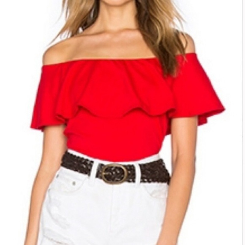 JCrew Redish Orange off the shoulder ruffle body suit